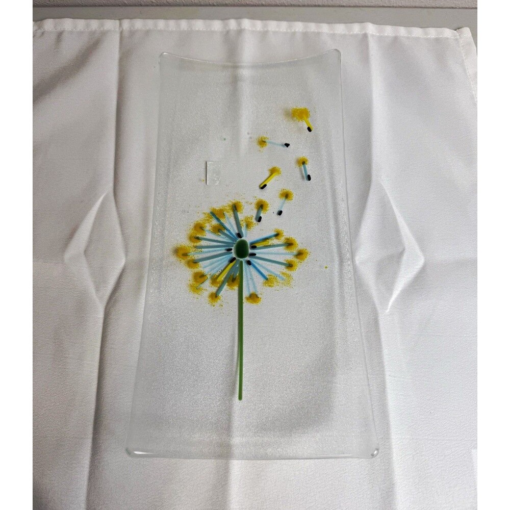 Clear Glass Rectangle Tray, Decorative Floral Dandelion Flower Design